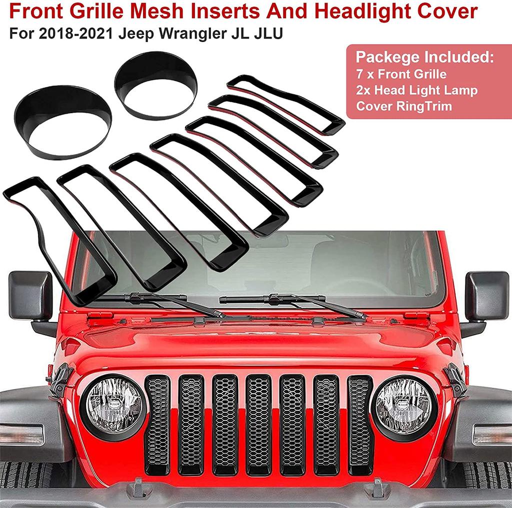 Mesh Grille Insert Grill Sticker & Headlight Turn Light Cover Trim for Jeep Wrangler JL 2018-2025 Chrome Accessories