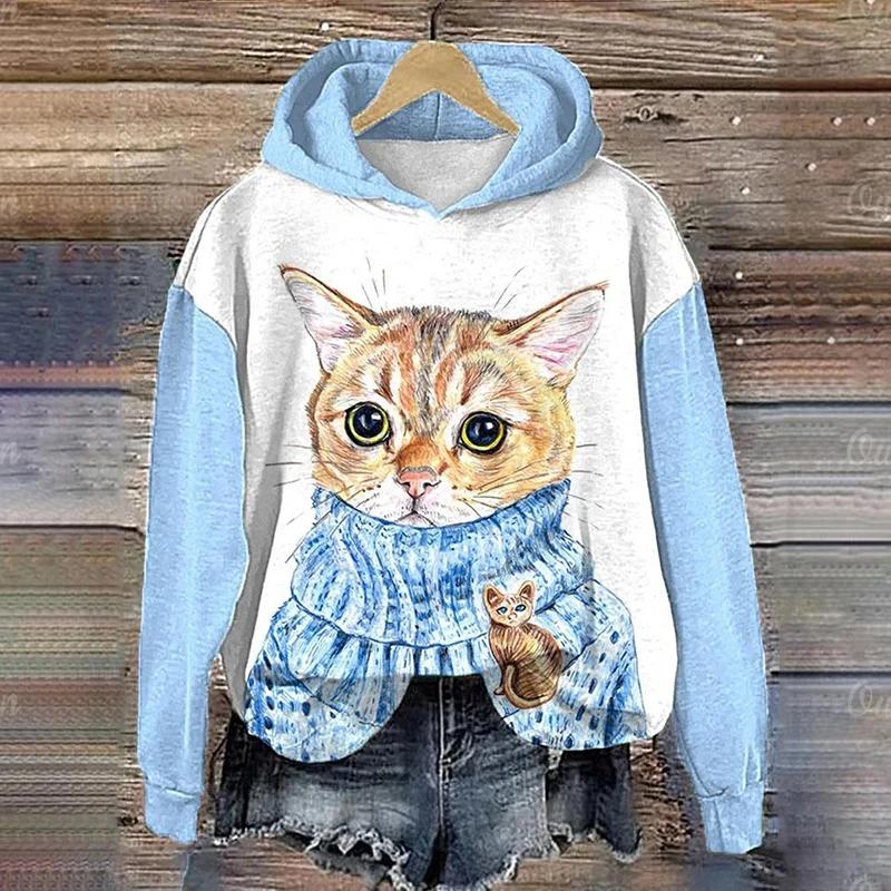 Sudadera con capucha para mujer, divertida sudadera con estampado de animales y gatos kawaii, ropa informal para mujer, sudadera bonita
