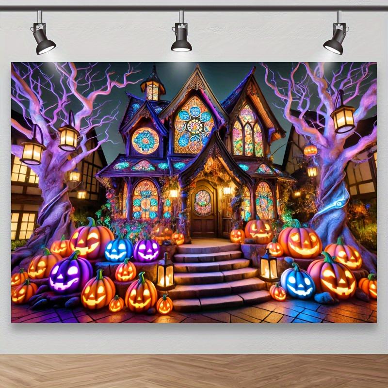 Vibrant Halloween photography background with haunted houses pumpkin lanterns and colorful stained glass 100x150cm