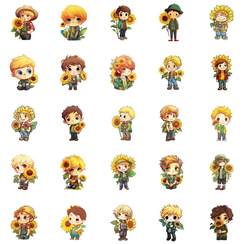 50 Sunshine Sunflower Boy Theme Waterproof Decorative Stickers Diy Mobile Phone Case Skateboard Guitar Water