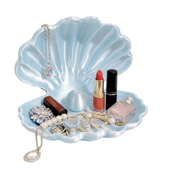3D-Printed Shell Shape Jewelry Organizer Tray Pearl Luster Desktop Storage Decoration for Earrings Rings Bracelets Lipstick Gift