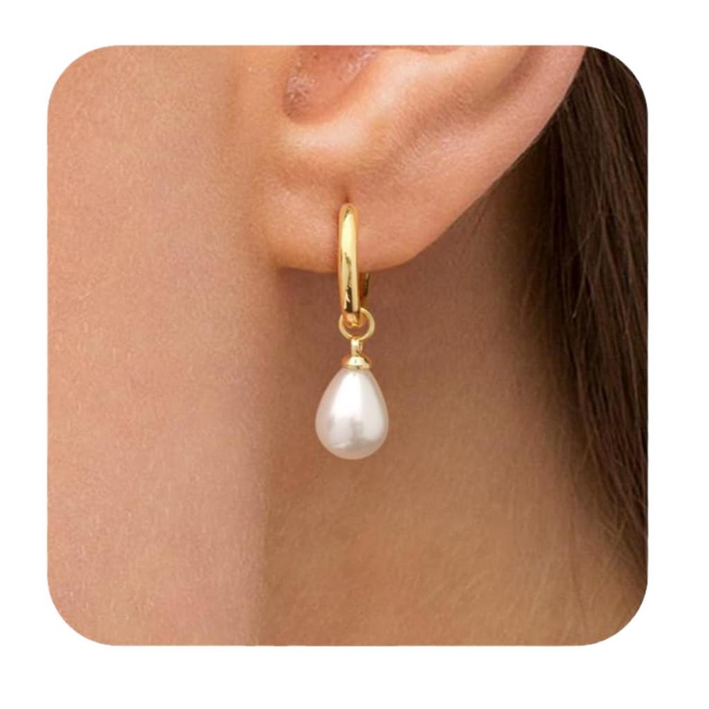 Stainless Steel 18K Gold Plated Water Drop Pearl Earrings for Women