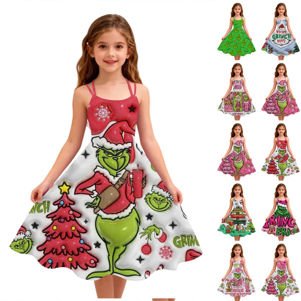 Children's Fashion Casual Christmas Print Off-Shoulder Punk Vintage Dress