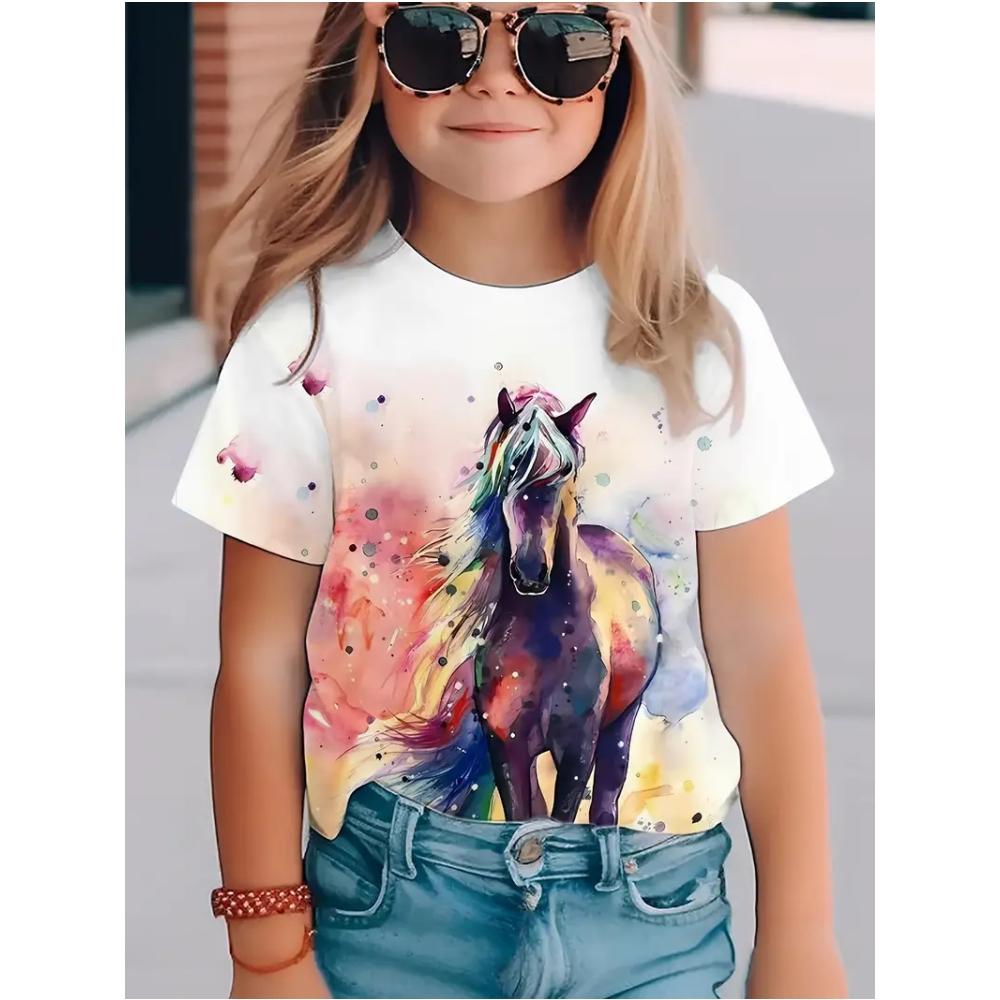 Children's Clothing Girl Cute and Funny Animal Horse 3D Print Graphic Style Comfortable Crew Neck Top