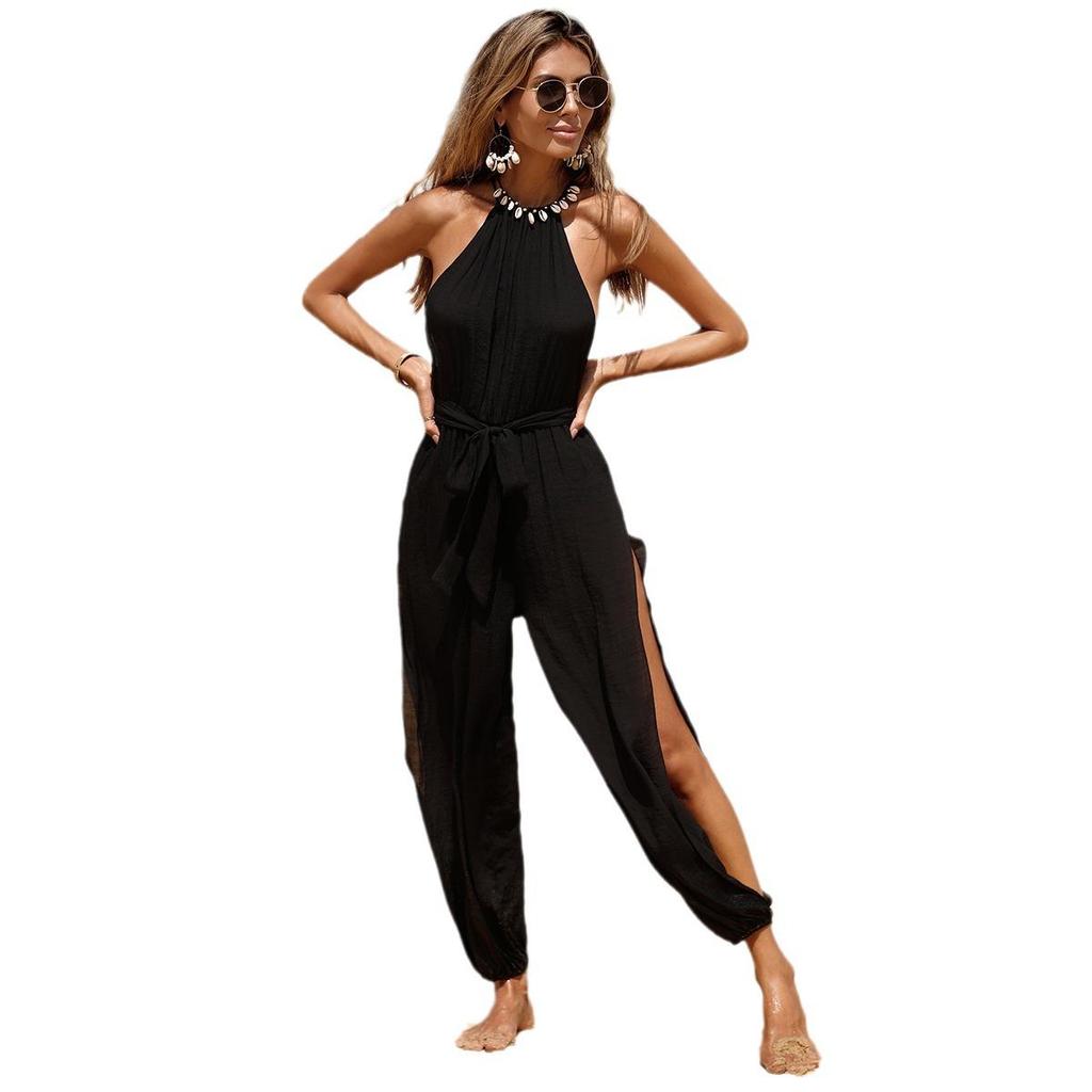 European and American Women's Sleeveless Beach Cover-up: Solid Color Versatile Tie-up Bodysuit with Side Slit for Slimming Sun Protection