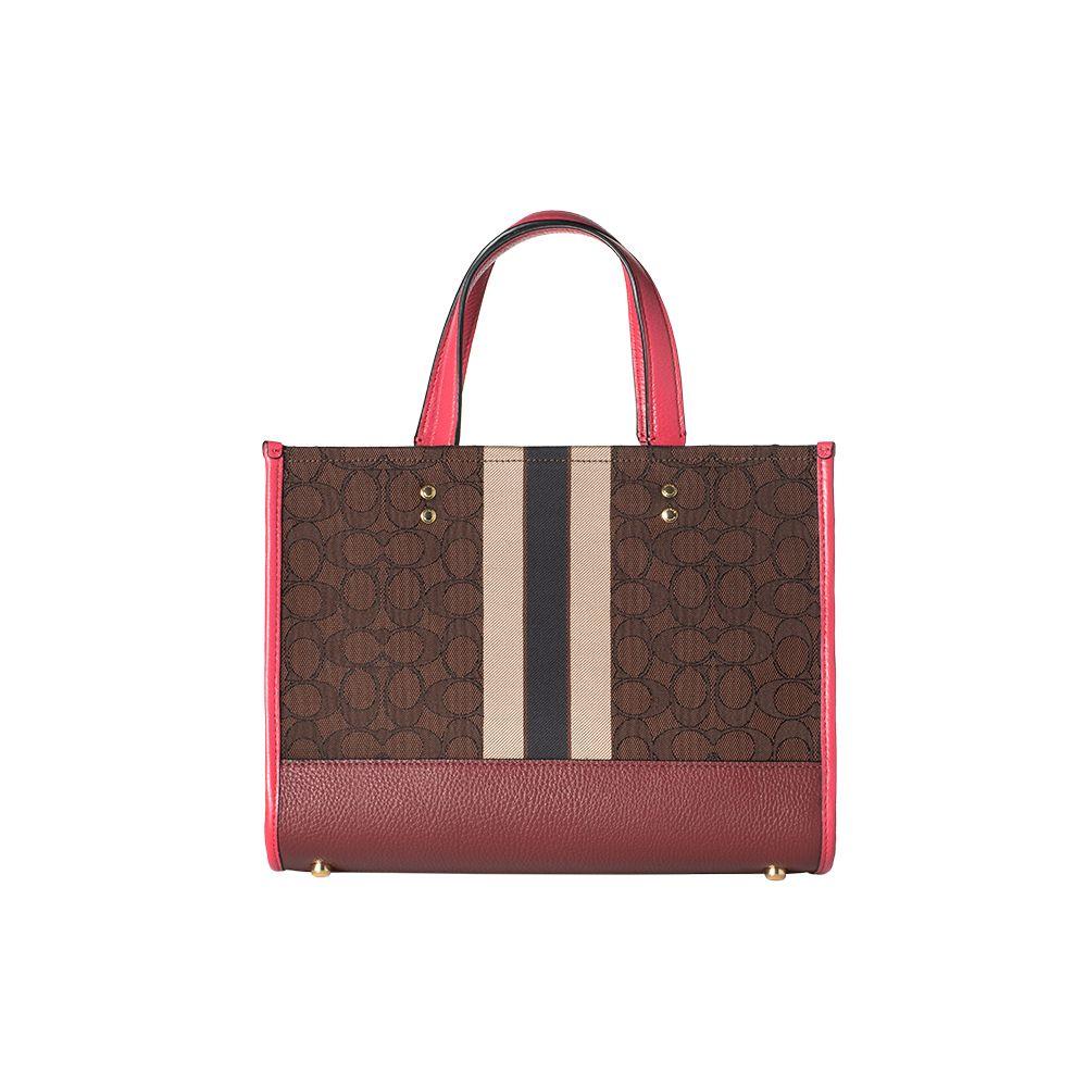Coach Dempsey 30 Striped Logo Decor Canvas And Leather Tote Bag Women tote Brown 4113-IMTN8