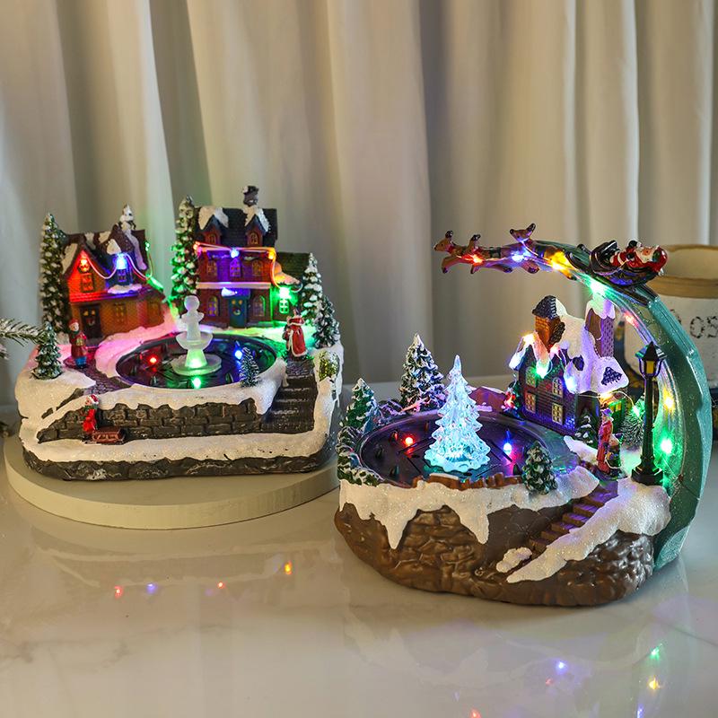 Glowing Christmas Music Box with Rotating Ornament, Water Spray, and Resin Fountain Gift.