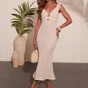 New European and American Cross-border French Hollow-out V-neck Slim Long Dress Knitted Vacation Style Dress for Women