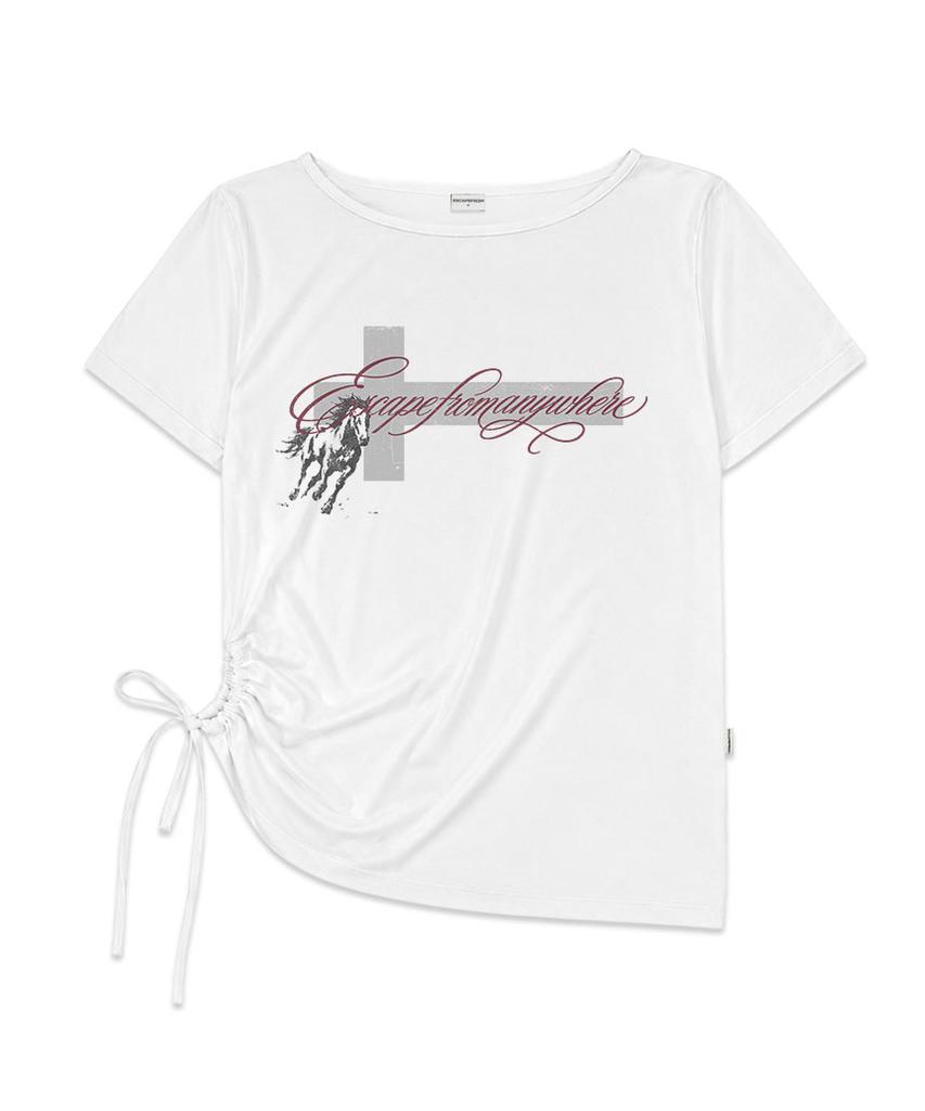 ESCAPEFROM [Escf X Hot Today] Cross Angel Print Side Shirring Detail Loose Fit One-Shoulder Short Sleeve T-Shirt White