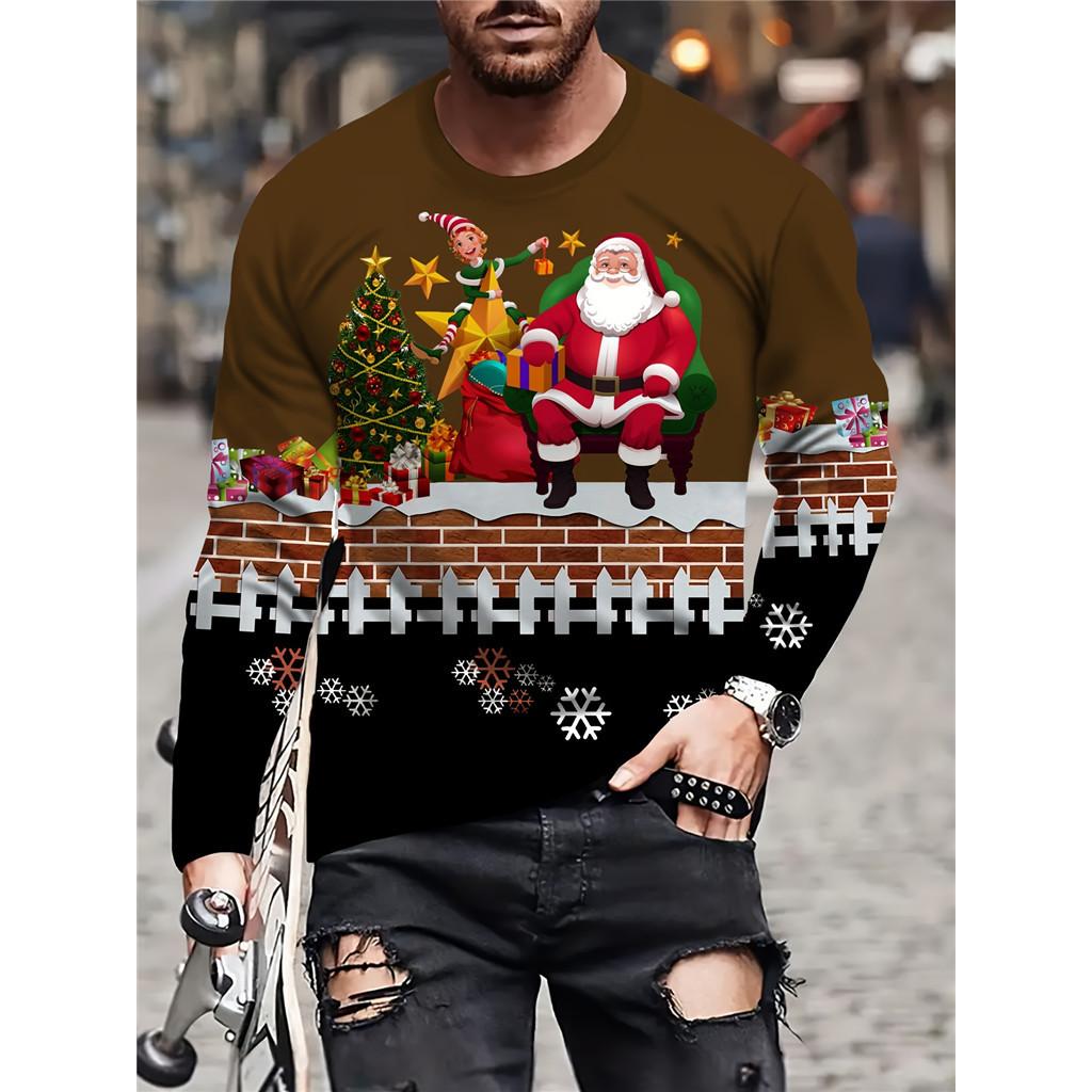

Мужская футболка с длинным рукавом с принтом узора Санта Клауса, лося и снежинок, мягкий, модный, универсальный топ, Счастливого Рождества 5XL