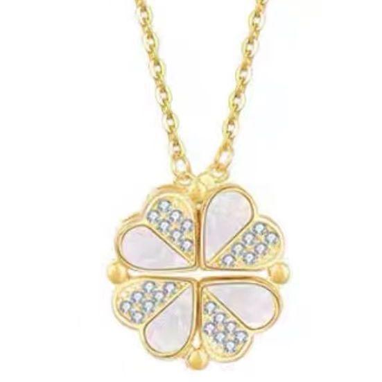 A Multi-use Mother-of-pearl Heart-shaped Four-leaf Clover Pendant Gold Titanium Steel Necklace for Women, Collarbone Chain, Valentine's Day Gift