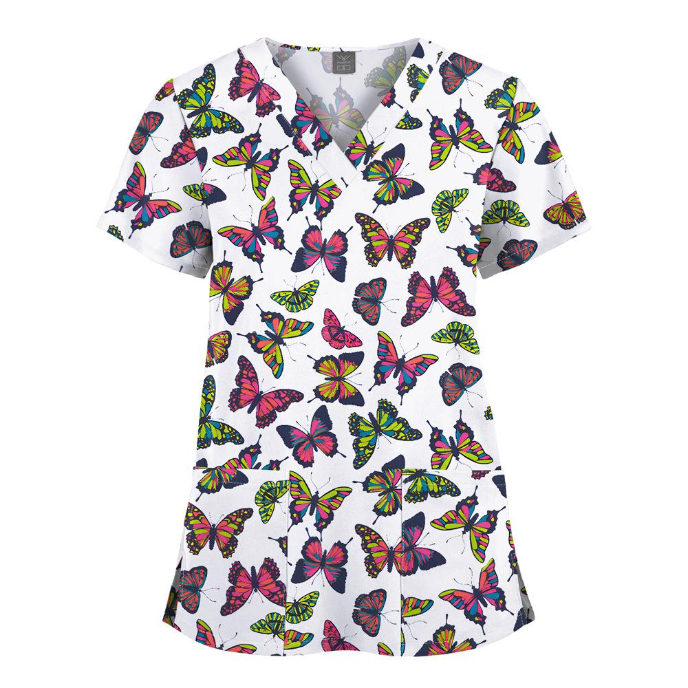 Quick-Drying Printed T-Shirt Short-Sleeved V-Neck Dental Oral Hand Wash Clothes Beauty Salon Pet Hospital Doctor Nurse Overalls