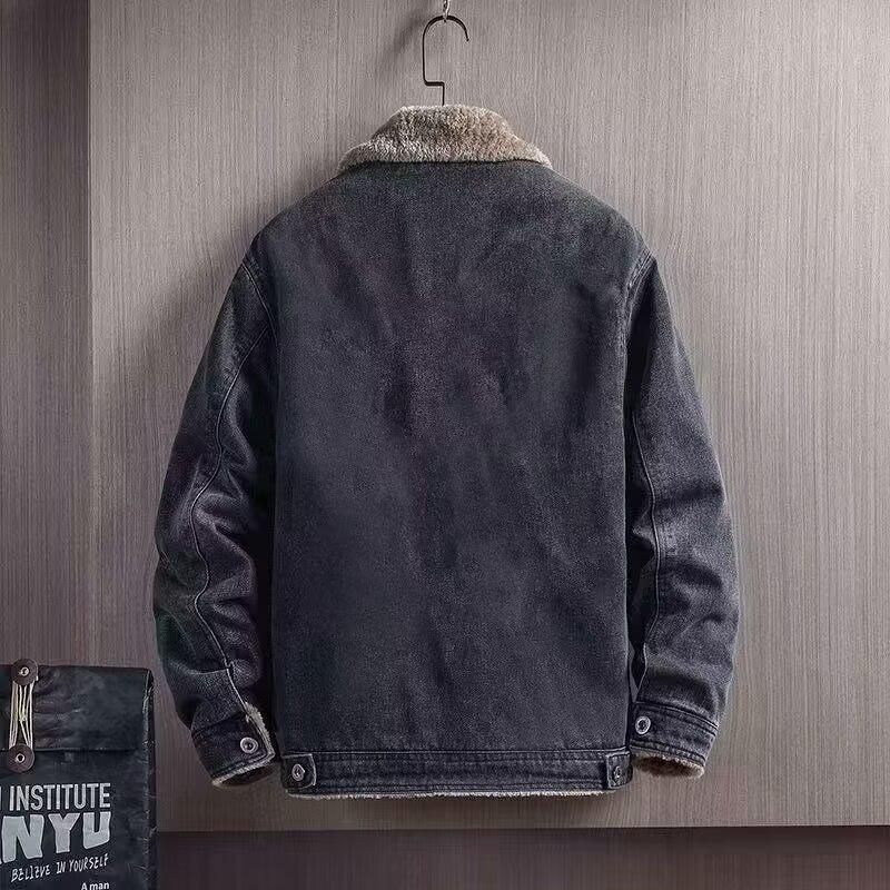 Men's Winter Denim Jacket: Thick, Warm, Trendy, Versatile, Windproof, Velvet-Lined, Fashionable Lapel, Multi-Pocket Outerwear