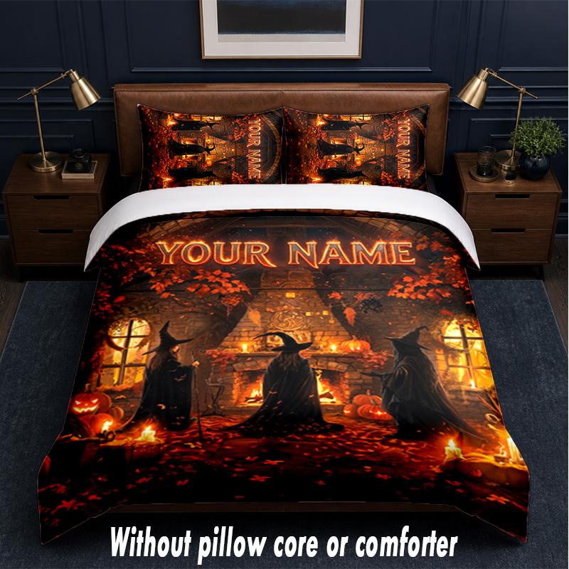 Halloween Theme Custom Text Or Name 3Pcs Bedding Set,1 Flat Sheet & 2 Pillowcases Personalized Home Bedding
