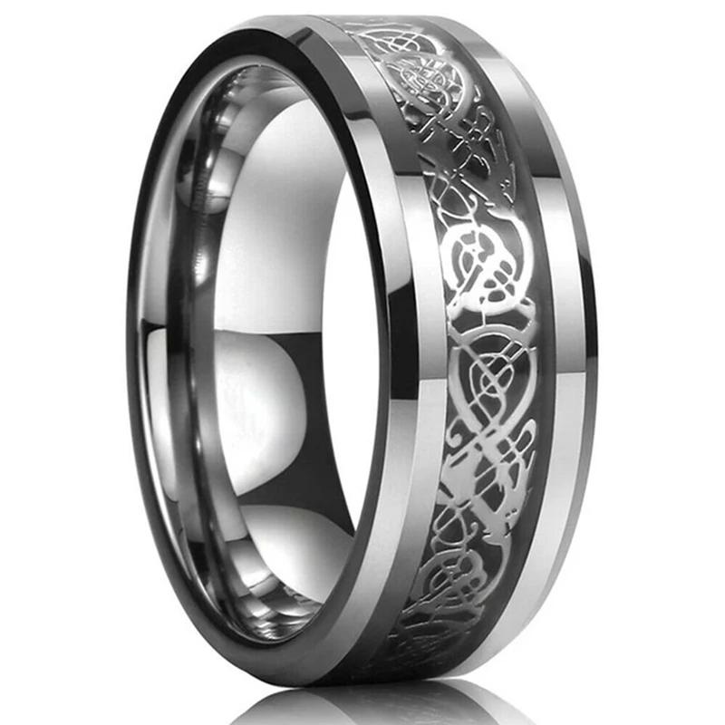 Fashion 8mm Men's Stainless Steel Celtic Dragon Ring Inlay Red Green Black Carbon Fiber Ring Wedding Band Charm Jewelry Gifts