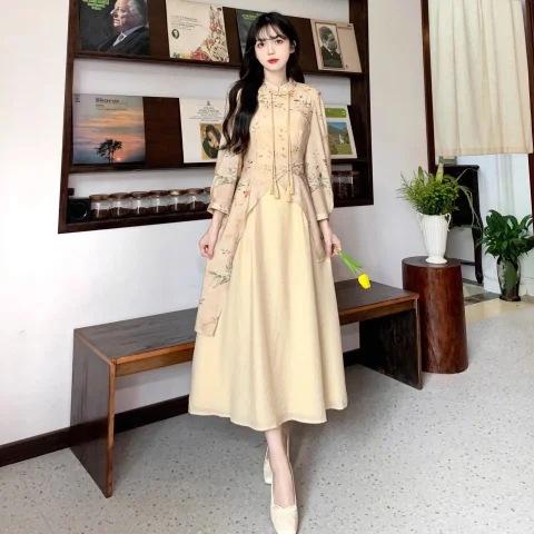 Autumn New Version of Long Chinese-style Improved Cheongsam Skirt Large Size French Retro Elegant Dress Women's Picture Color