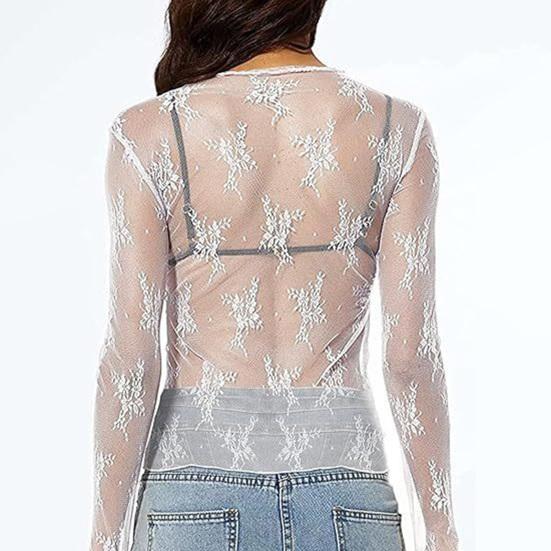 Women Tops Mock Collar Long Sleeve Slim Fit Blouses Sexy See-through Floral Embroidered Lace Mesh Shirt
