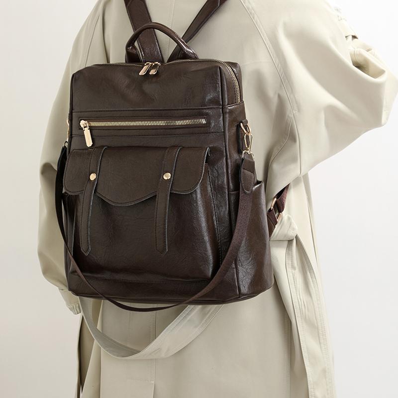 PU Backpack Women's Retro Schoolbag Multi-functional Shoulder Bag