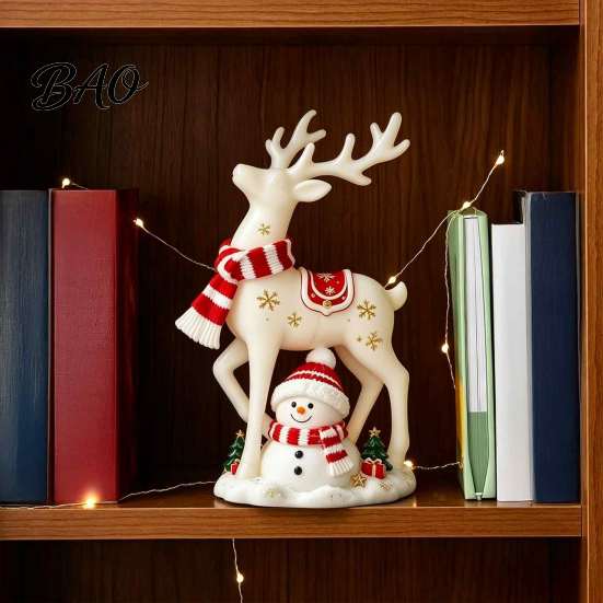 Charming Winter Table Decor Christmas Reindeer Snowman Resin Figurine, White Deer Statue with Red Scarf, Gift for Friends Holiday Tabletop Fireplace