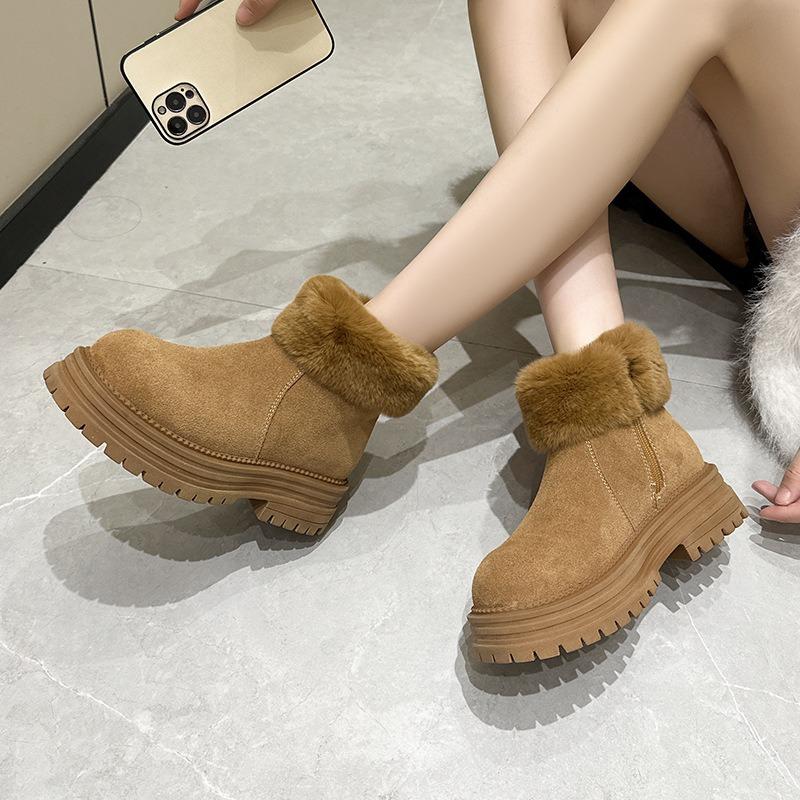 thick-soled leather real hair snow boots for women, piled thickened cotton shoes for autumn and winter to keep warm Martin boots for women