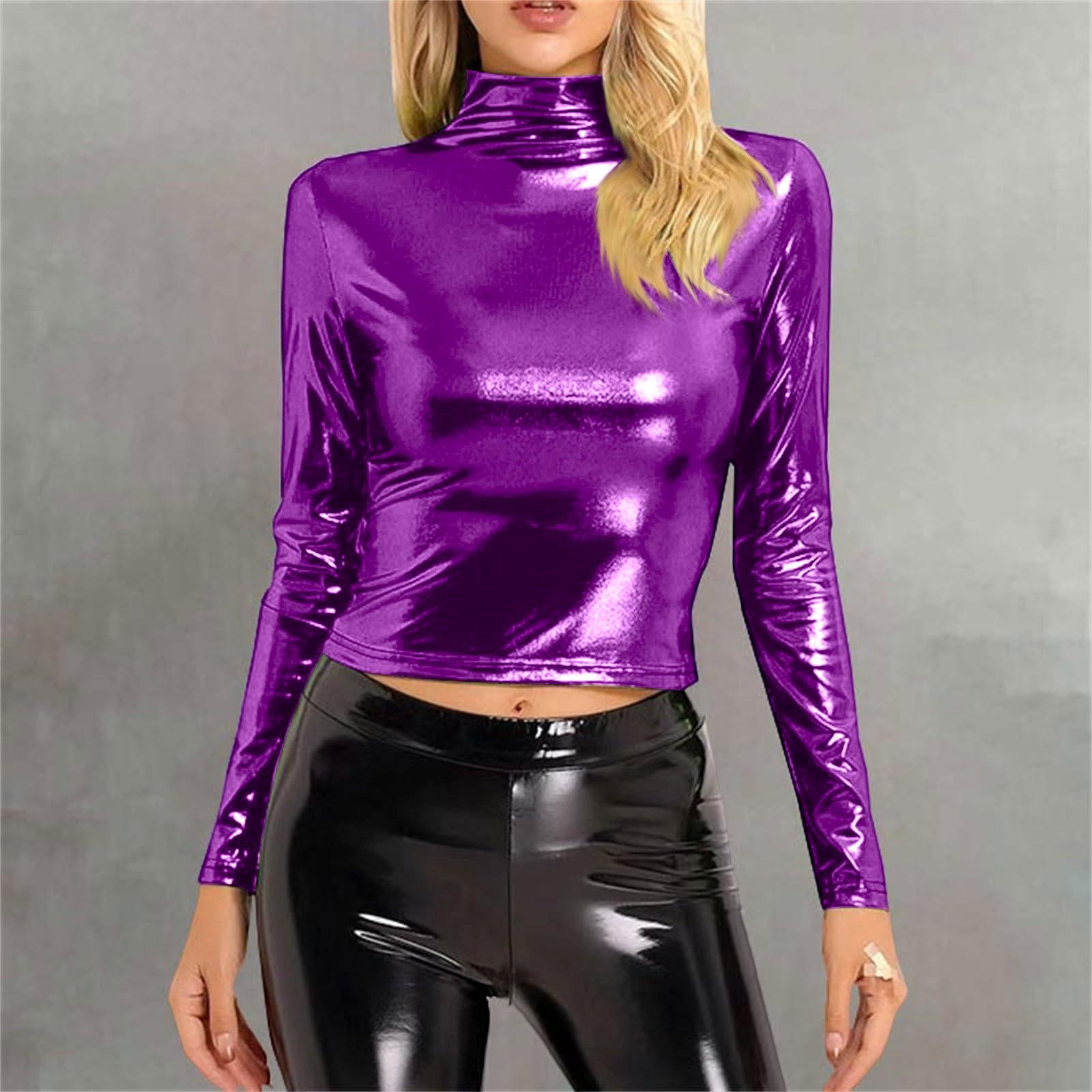

Women s Fashionable Color High Neck Long Sleeved Exposed Navel Sexy Tight Fitting Performance Outfit Top S фіолетовий
