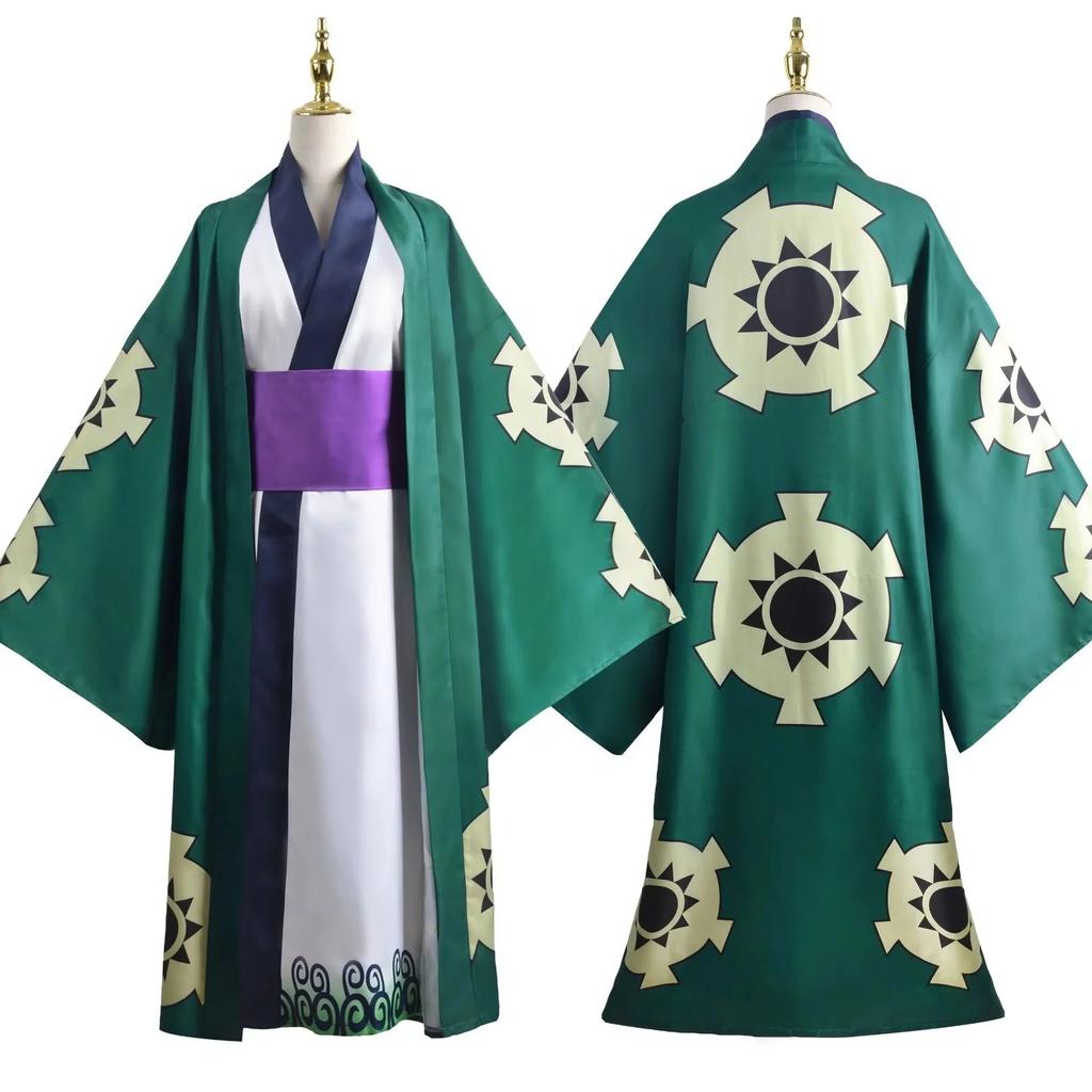 Zelené Kimono Roronoa Zoro Cosplay Anime Kostým Uniforma na Halloween Pánský Oblek Podšívka Paruka Vnější oděv Pásek Disfraz Halloween