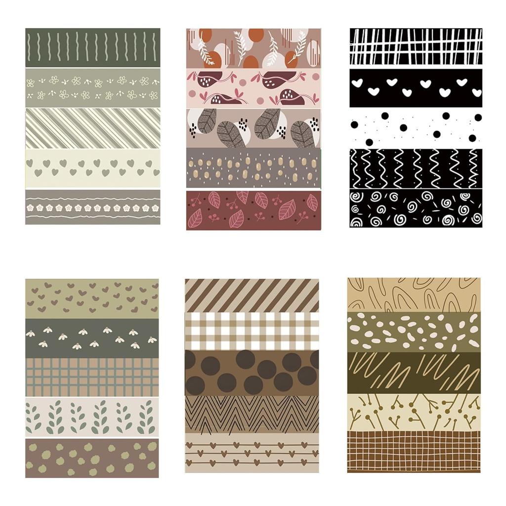 YUBX Maskovací úzká washi páska základní vzory pro DIY dárky a dárkové dekorace páska, sada 30 kusů, proužky, řemesla, deníky, plánovače, scrapbooky,