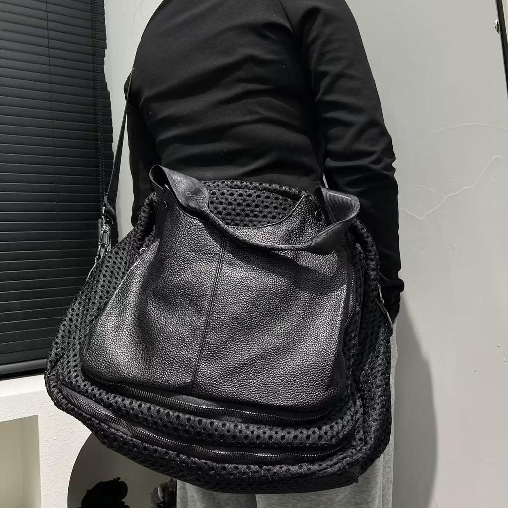 Women'S Mesh Splicing Leather Tote Bag Large Capacity Casual Versatile Shoulder Bag