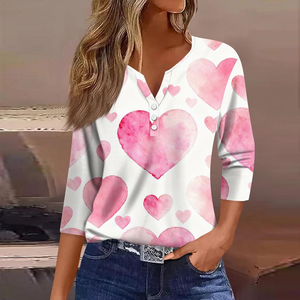 Women's Fashion Button-Up V-Neck Three-Quarter Sleeve Valentine's Day Print Top