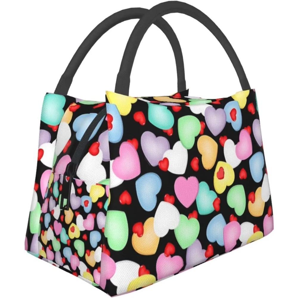 Red Heart Pattern Valentine's Day Lunch Bag Portable Reusable Insulated Lunch Box for Women Men Tote Bag for Work Travel Picnic