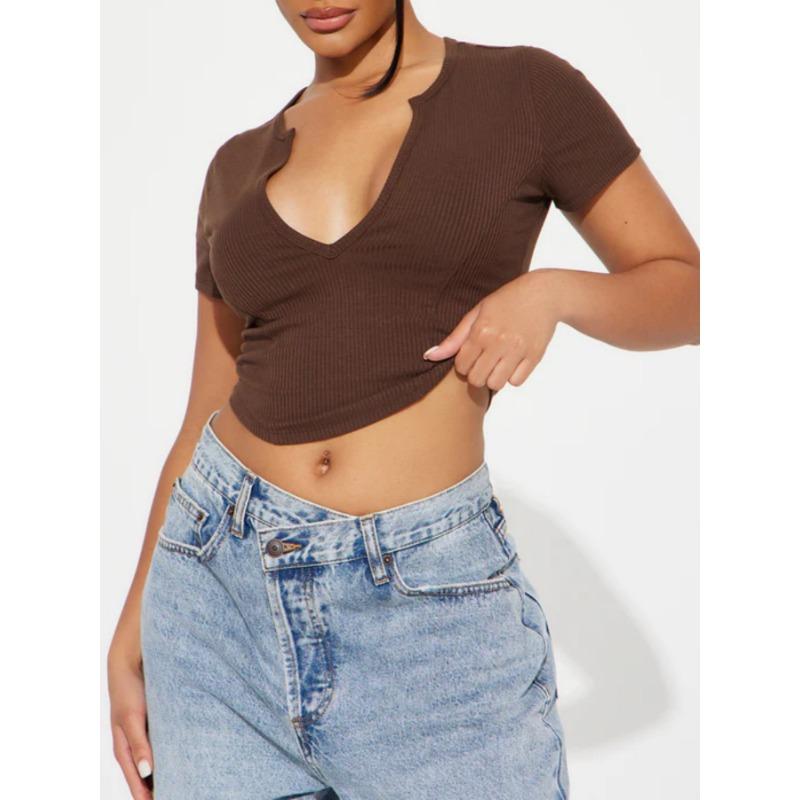 Women Sexy Deep V Neck Cropped Short Sleeve Slim Fit Casual Sports T Shirt