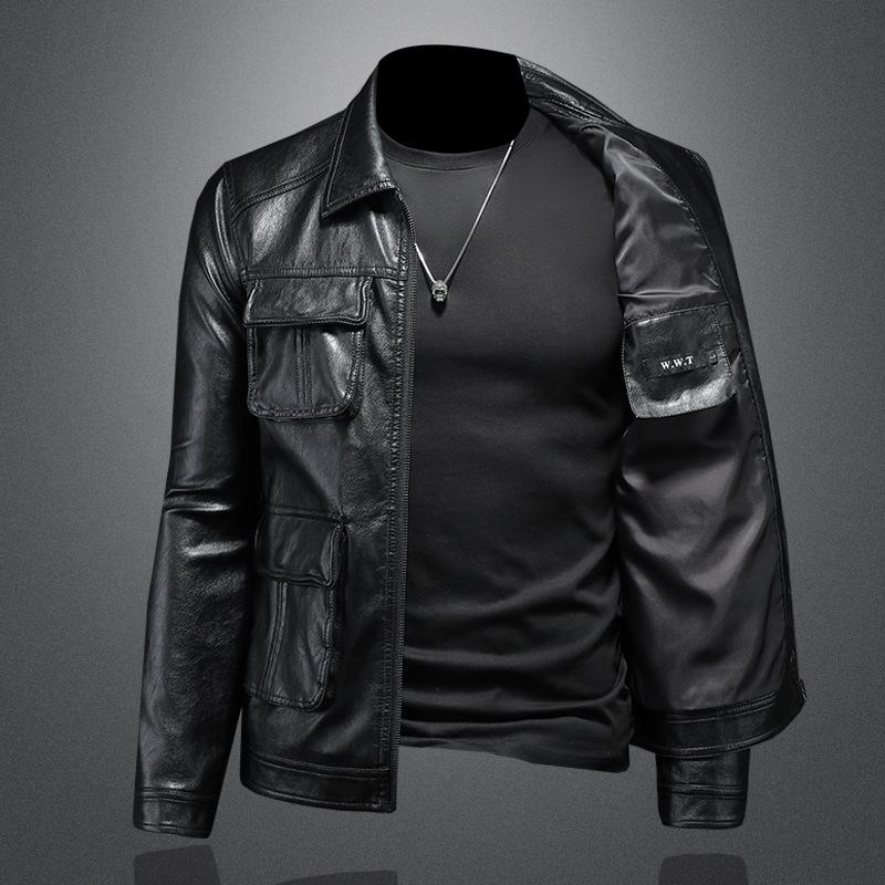 European station new autumn and winter men's lapel locomotive clothing leather jacket trend slim fashion jacket jacket