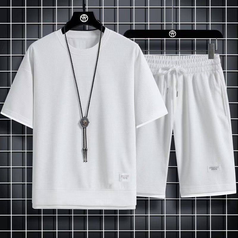 Waffle Men's Summer Short Sleeve And Shorts Two Piece Sets Sports Casual Tracksuit Men Comfortable Cool Shorts Oversized Set