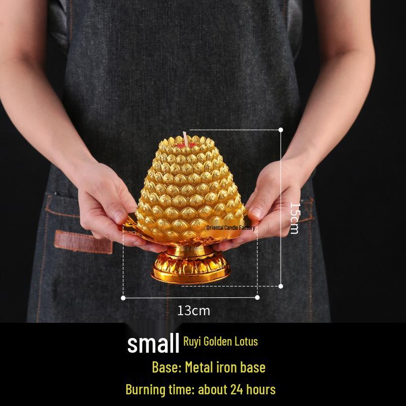 Golden Ruyi Lotus Candle Lamp for Buddha Offering with Iron Base and Ceramic Plate