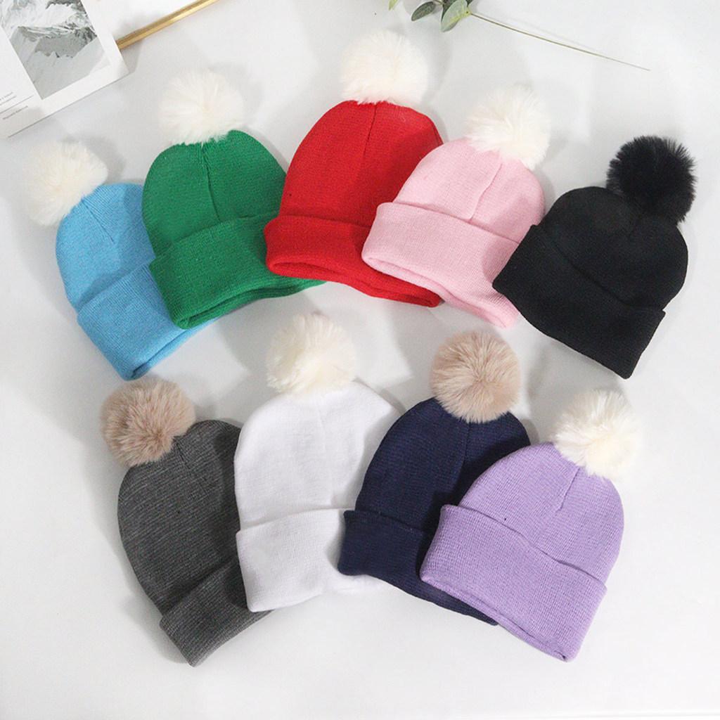 Plush Solid Color Ball Knitted Cap Breathable For Fall Season Gift Fashion