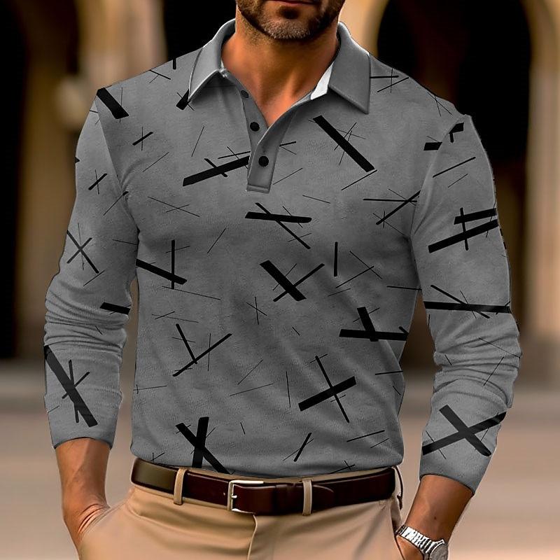 Men's Geometric Print Golf Shirt Long Sleeve Polo Shirt Lapel Business Casual Formal Button 3D Printing Autumn and Winter