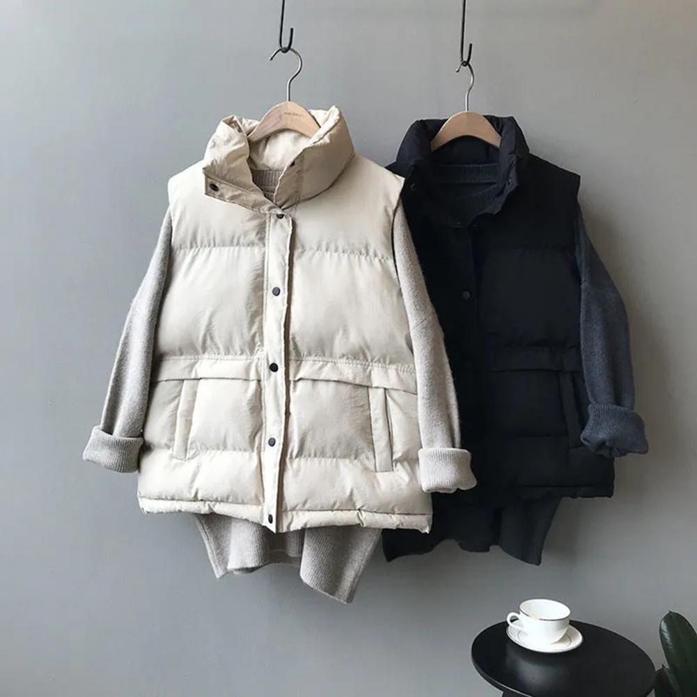 Women Winter Vest Coat Stand Collar Solid Color Button Closure Sleeveless Padded Thick Short Type Windproof Warm Lady Waistcoat