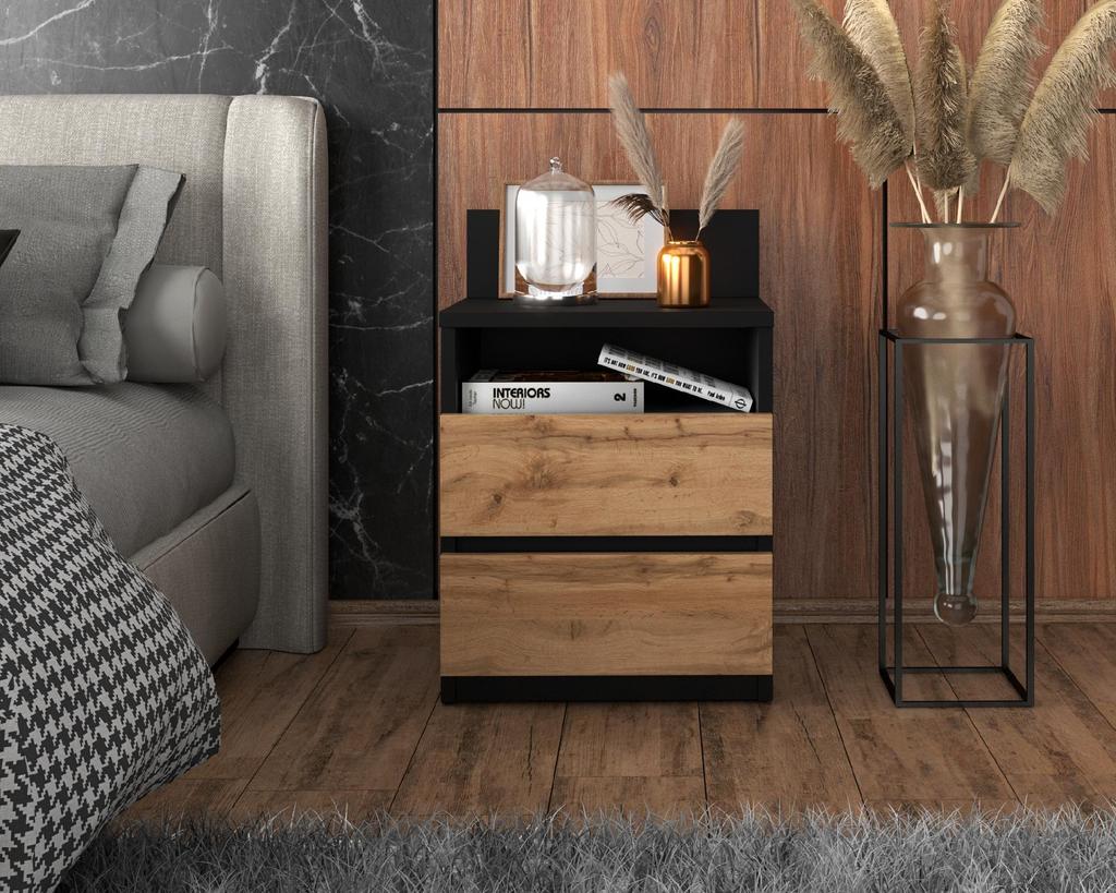 Bedside Table Black Oak Wotan 40cm 2S Shelf Bedroom Furniture