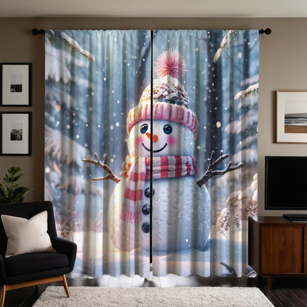 Perdea om de zăpadă de desene animate albă digitală HD din 2 piese pentru exterior, stil decorativ pentru casă, decorare living, dormitor, perdea cu tiv pentru bară