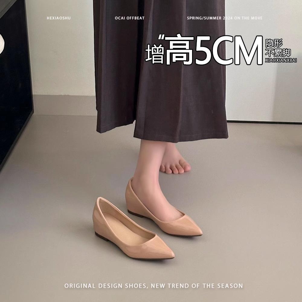 Sheepskin Version~ Inner Height Increase 5cm Pointed Single Shoes Women's Gentle Temperament Shallow Mouth Flat Shoes