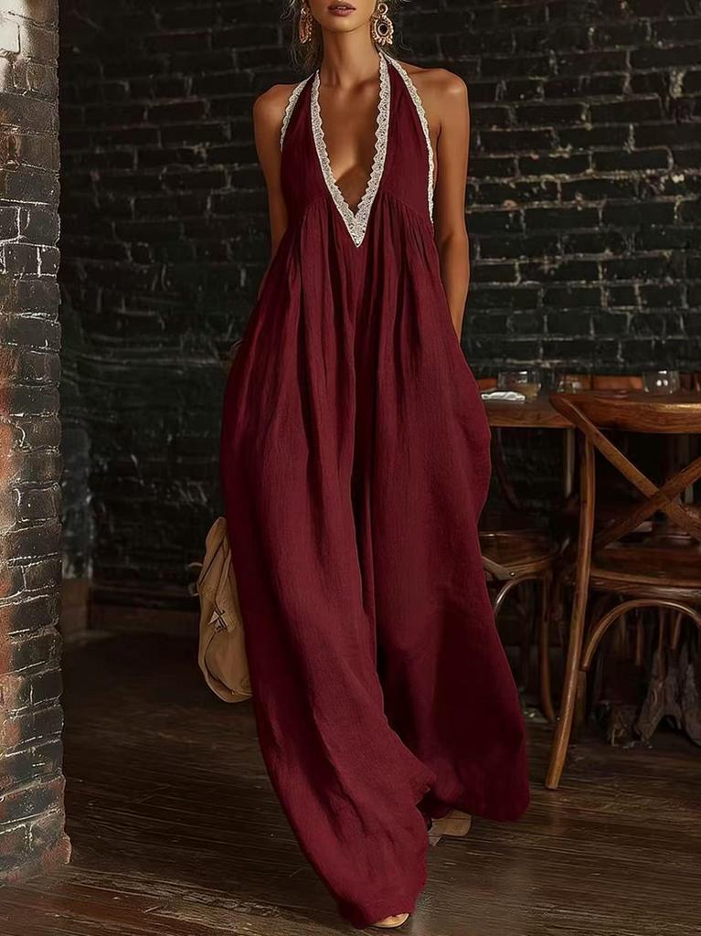 2026 Europäischer & Amerikanischer Lässiger Eleganter Leinen-Jumpsuit mit Spitzenbesatz