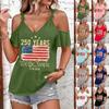 T-shirt décontracté à la mode pour femme, imprimé Jour de l'Indépendance, col à bretelles, épaules dénudées, manches courtes
