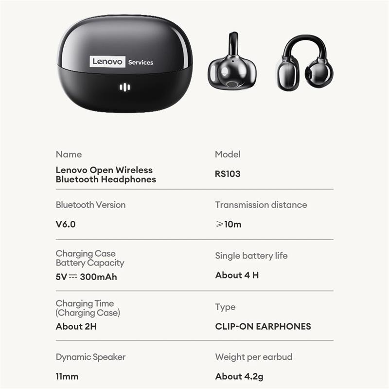 Original Lenovo RS103 Wireless Bluetooth 6.0 Ear Clip Earphones 360° Surround Sound Headphones Meetings Travel Exercise Headset