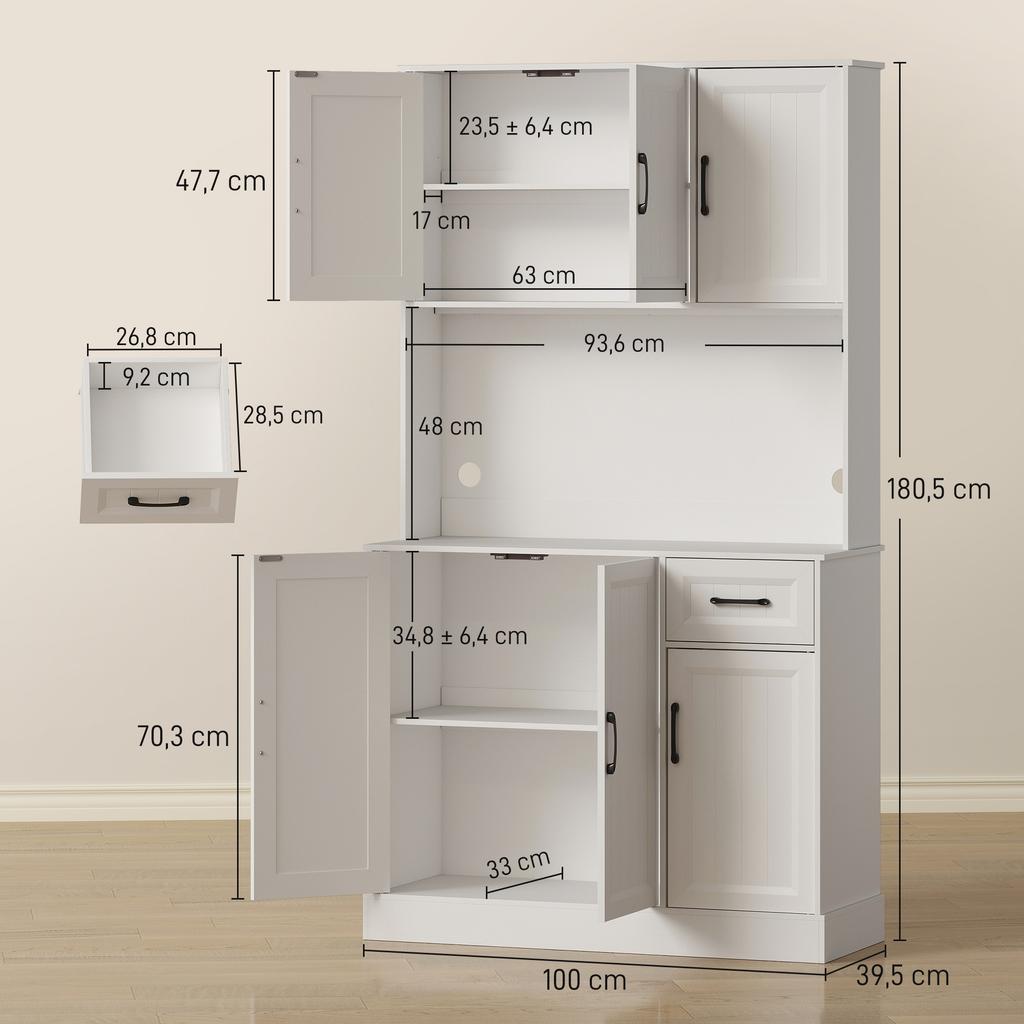 Kitchen Highboard, 6 Doors, 1 Drawer, Open Compartment, Shelves, 100 x 39.5 x 180.5 cm, White