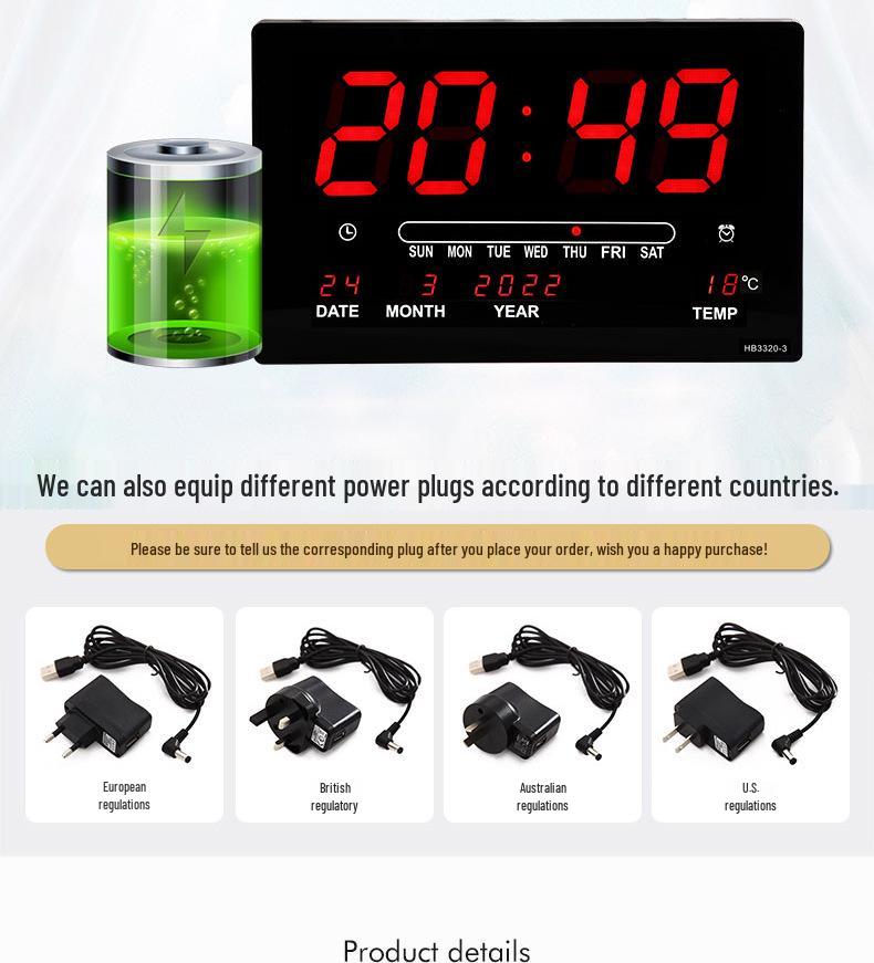 LED Digitaler ewiger Kalender mit großen Ziffern, Wanduhr mit Temperatur- und Luftfeuchtigkeitsanzeige.