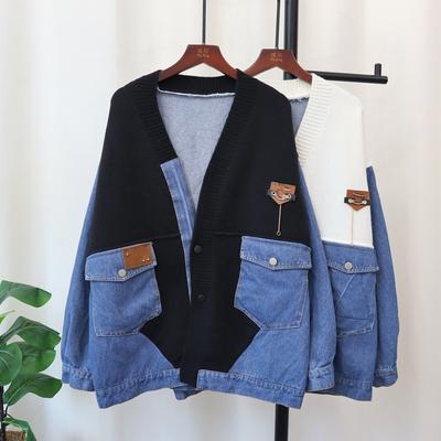 Denim Splicing Knitted Cardigan Autumn and Winter New Loose Casual Fashion Versatile Lazy Wind Sweater Jacket Women