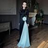 European Autumn Color Block Long Sleeve Pleated Slim Fit Dress with Waist Tie