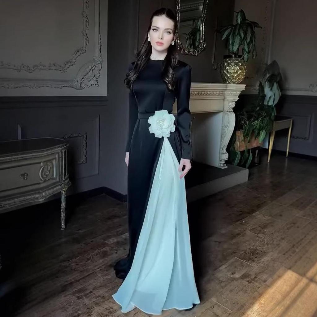 European Autumn Color Block Long Sleeve Pleated Slim Fit Dress with Waist Tie