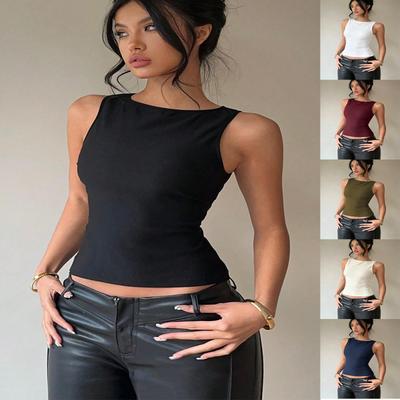 Damen ärmelloses Rundhals Tanktop dehnbar figurbetont einfarbig Basic zum Binden Sommer Freizeit Hemd Bluse Weste