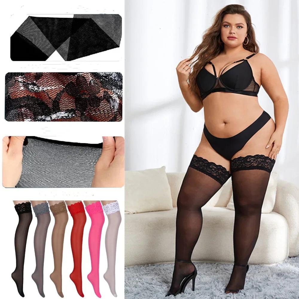 Elastic Plus Size Girls Over The Knee Thigh High Sexy Black Lace Top Silicone Anti Slip Stockings Socks For Women Xl 3Xl 4Xl 5Xl